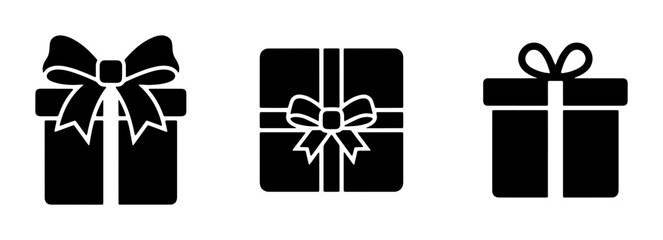 Minimalist gift box icons set, black silhouette present symbols with ribbons, flat vector holiday surprise elements for celebration and shopping © Sanjida