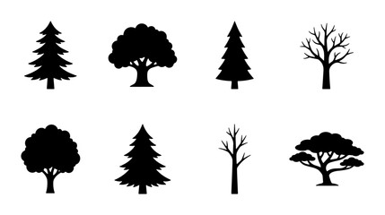 Fototapeta premium Black tree silhouettes set, 8 forest plant icons in vector format, minimalist pine and oak tree shapes, natural landscape design elements