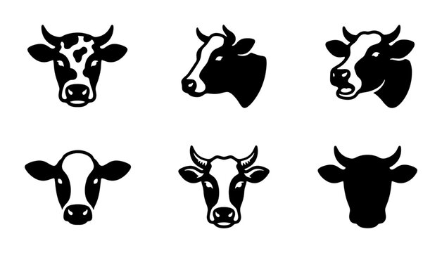 Minimalist cow head icons set, black and white cattle face vector illustrations, 6 farm animal silhouettes for dairy and meat branding