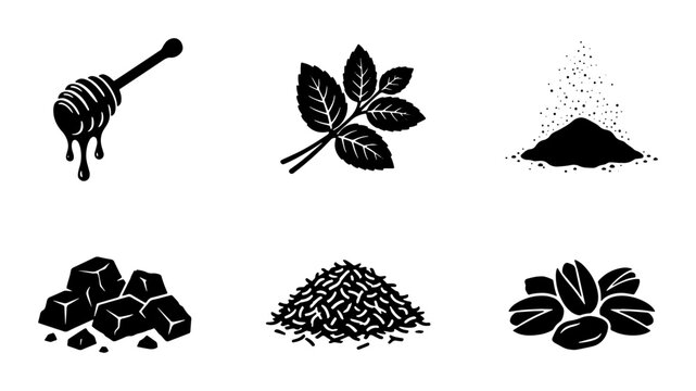 Black silhouette food ingredients icon set, organic honey dipper and mint leaves vector, pile of sugar and chocolate chunks with coffee beans