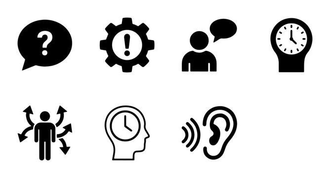 Minimalist business communication icons, set of 7 black vector symbols for customer support, time management and problem solving interface design