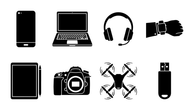 Modern technology device icons set, black silhouette electronic gadgets collection, 8 digital hardware vector elements for web design and infographics