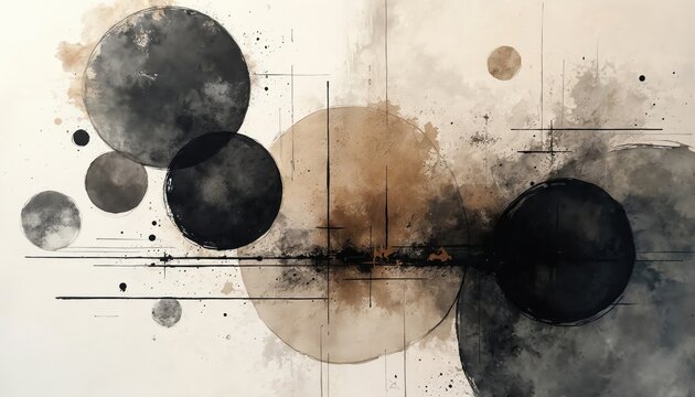 Abstract ink circles and lines on beige background. Textured washes create dynamic fluid shapes. Monochrome art with subtle tones. Modern graphic pattern.
