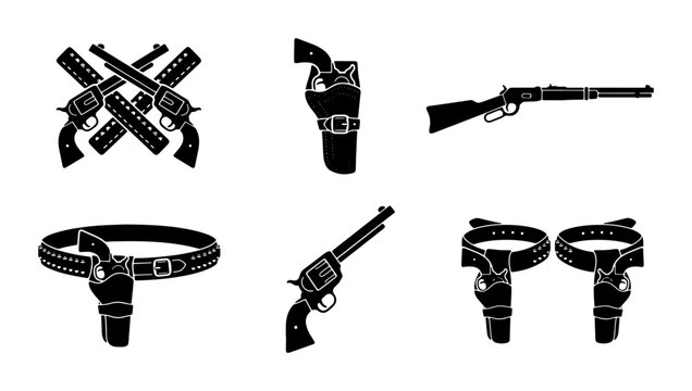 Vintage wild west gun collection, black silhouette cowboy revolvers and rifles, western firearm holster and belt set, 6 vector weapon icons