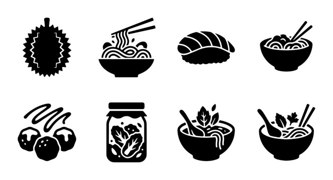 Asian food icons set, black solid vector symbols of ramen noodles, sushi, durian and kimchi, traditional oriental cuisine menu elements