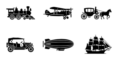 Vintage transportation silhouette icons, antique vehicle collection with steam train and biplane, retro travel set of 6 vector elements © Shariful