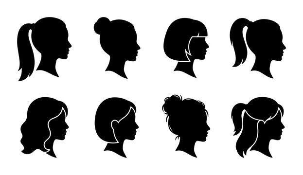 Minimalist woman profile silhouette set, 8 female head icons with diverse hairstyles, black vector avatars for salon branding and beauty logos