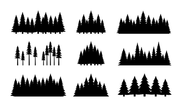 Black pine forest silhouettes, evergreen tree line vector set, minimalist coniferous woodland landscape elements for outdoor adventure branding