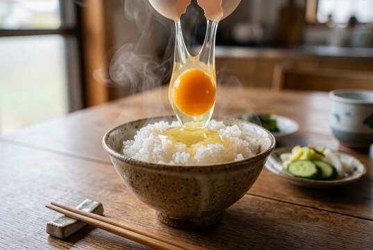 Close-up of cracking a fresh raw egg over a bowl of steaming white rice, tamago kake gohan