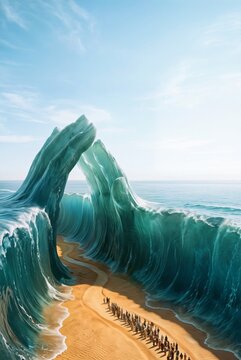 갈라진 홍해 바다의 물 벽이 신의 손 형상을 이루고, 이스라엘 행렬이 마른 길을 걷는 기적의 구원.