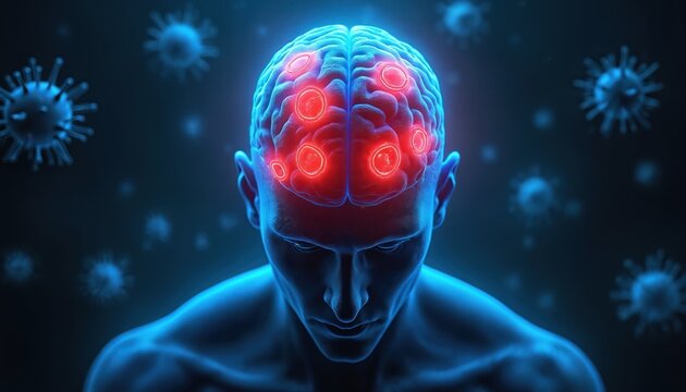 Human brain with glowing red lesions suggests neurological disorder like neurocysticercosis. Microscopic virus particles float around central nervous system damage. Illustrates sickness contagion.