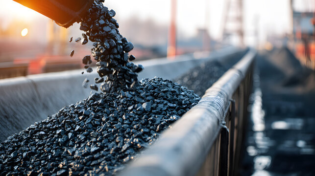 Industrial conveyor belt transporting coal in mining facility