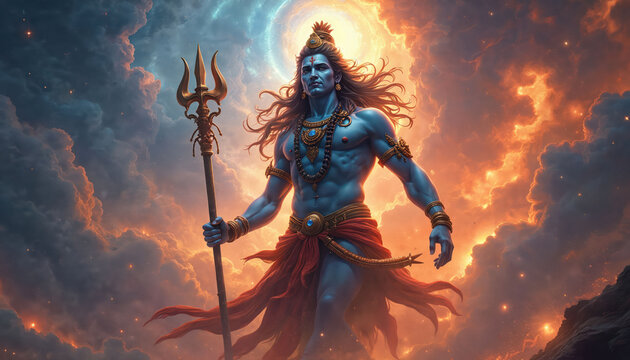 Blue skinned Hindu deity Shiva holds golden trident weapon in cosmic clouds. God stands powerfully amidst divine light and fiery sky. Features muscular body ornate jewelry and red loincloth.
