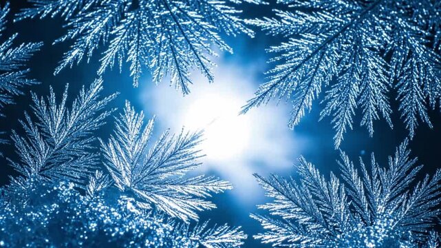 Intricate frost patterns forming delicate fern-like shapes against a bright, glowing blue background