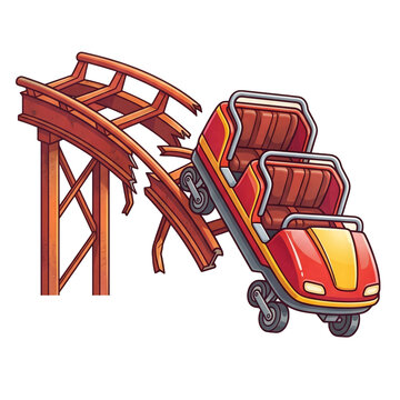 Red roller coaster car falling from a broken and derailed wooden track against a white background