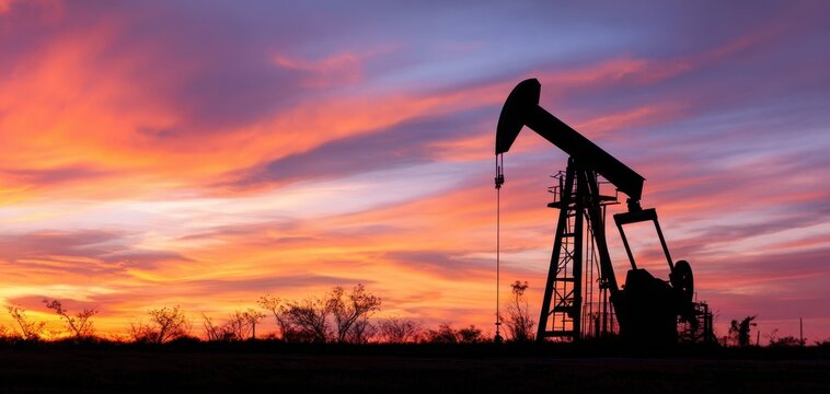 The pumpjack silhouette against a dramatic orange and purple sunset over oilfield