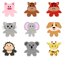 Fototapeta premium Cartoon forest animals illustration Character with Koala, king Kong, dog, cat, elephant, pig, horse, giraffe