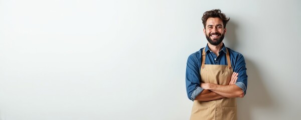Fototapeta premium Smiling bearded man wears denim shirt brown apron, arms crossed. Confident male worker ready for job. Friendly face, professional look. Service industry appearance, workshop attire.
