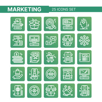 Modern customer engagement and communication icon set featuring detailed line icons designed for marketing communication, customer interaction, and business collaboration. This collection includes ess