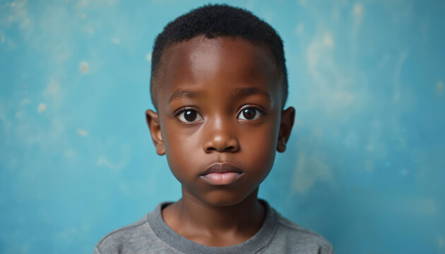 Young african boy looks straight ahead. Serious young child with dark skin and short hair stares intently. Close up studio portrait on blue background. Youthful face, innocent eyes.