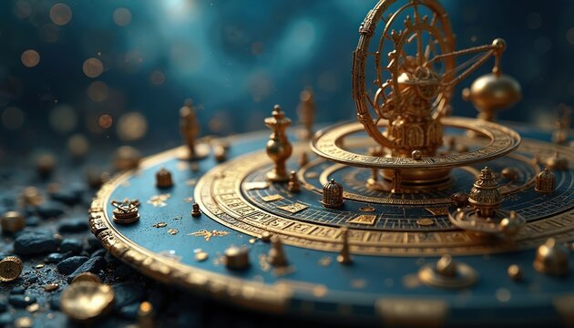 Ornate golden astrolabe with celestial symbols on dark blue background. Mystical artifact for cosmic navigation, zodiac, and fate interpretation. Ancient astronomy tool, esoteric science.