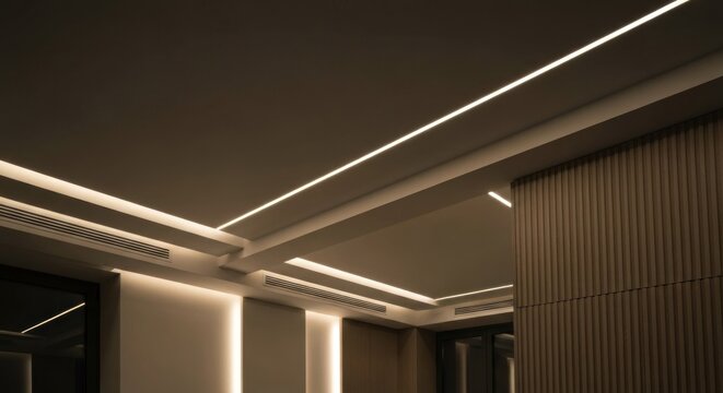 Angled ceiling with hidden lights, creating shadows, warm ambiance, and vertical wall panels