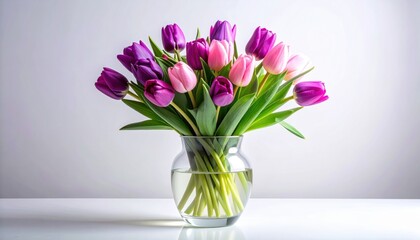Fototapeta premium Elegant bouquet of vibrant pink and purple tulips in a clear glass vase with water and green stems