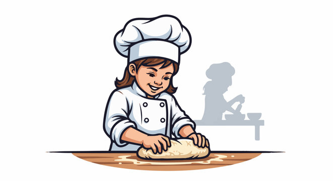 Cartoon illustration of a young girl in a chef's hat and coat kneading dough on a wooden table
