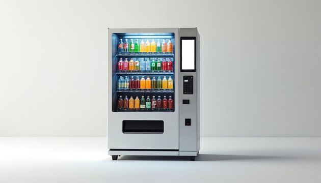 Modern beverage vending machine filled with assorted drinks. Sleek appliance offers automatic refreshment selection via touch screen. Ideal for retail spaces, offices, public areas, providing