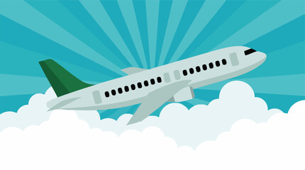 Fototapeta premium Illustration of a passenger airplane taking off in a blue sky with clouds