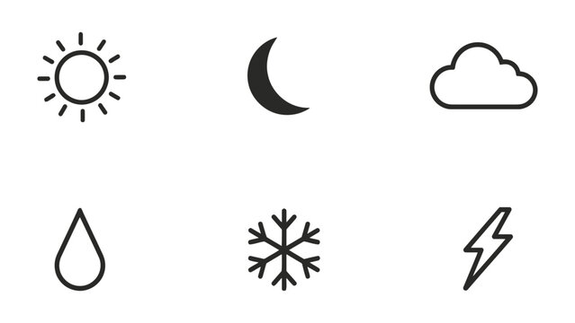 Weather Icons: A collection of simple and clean weather icons. Sun, moon, cloud, rain, snow, and lightning icons. Minimalist, modern and simple design.