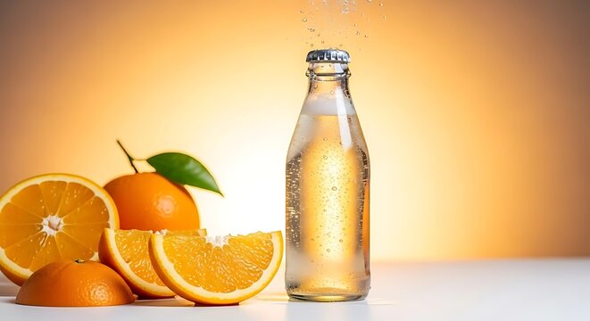 Botol minuman soda jeruk berbuih segar dengan potongan buah asli melambangkan kesegaran musim panas dan gaya hidup sehat dinamis