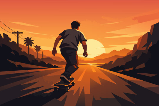 Skater riding longboard on an open road, embracing freedom and adventure at sunset