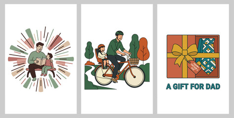 Obraz premium Father's Day Vector Set - Cycling Dad, Storytelling, and Gift Box Art & Illustration Wall Art Triptych Set Superhero Dad, Lifestyle