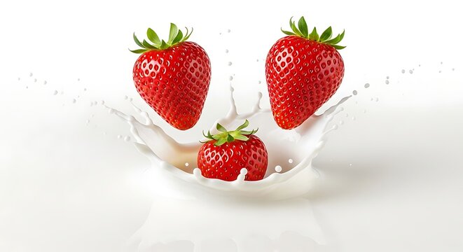 Tiga stroberi merah jatuh memercikkan susu putih melambangkan kelezatan hidangan penutup premium dan perpaduan nutrisi sehat gaya hidup modern