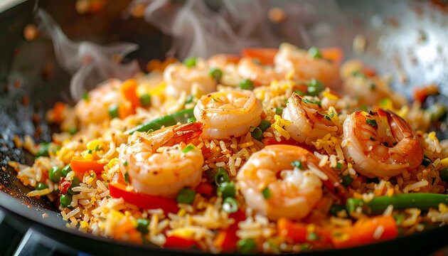 shrimp fried rice with vegetables, wok cooking action, motion blur