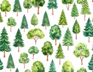 Naklejka premium set of watercolor trees. watercolor seamless pattern of various green forest trees including pines and oaks on white background. 