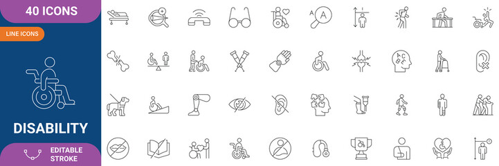 Fototapeta premium Disability Icon Set. Containing Physical, Mental, Accessibility, Assistive Devices, Wheelchair, Inclusion, Support, Care, Rehabilitation and etc. Line Icon. Editable Stroke. Vector file