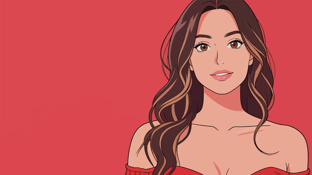Illustration of a Young Woman with Long Wavy Hair