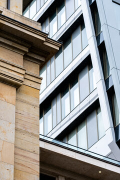 Frankfurt urban cityscape captures modern office facade glass lines with architecture contrast showing corporate design and financial district density