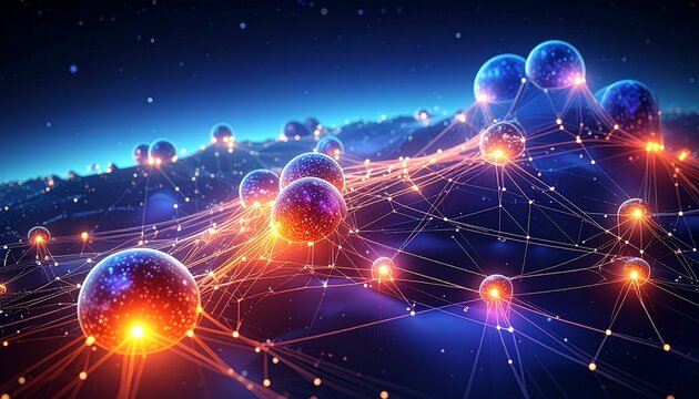 Stylized neural network spheres connected by lines, with highlighted nodes, symbolizing artificial intelligence, data connectivity, and complex systems.