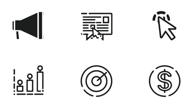 Marketing Icon Collection: This graphic presents a comprehensive collection of modern marketing icons, ideal for visual communication and concept representation.