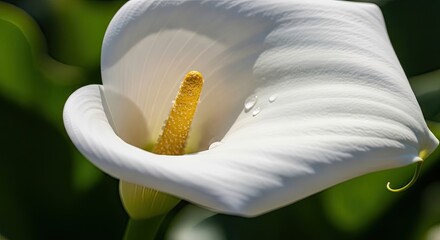 Naklejka premium A white calla lily with a yellow stamen and green leaves, set against a blurred green background.