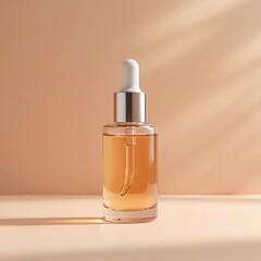 Naklejka premium Glass bottle with cosmetic serum and dropper rests on peach surface. Product liquid inside is golden orange. Soft light creates gentle shadows.