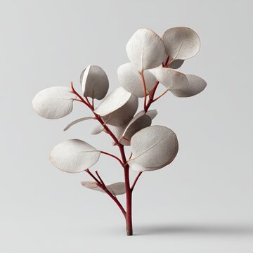Minimalist eucalyptus branch with pale silver leaves and reddish stems on a clean neutral background for botanical decor
