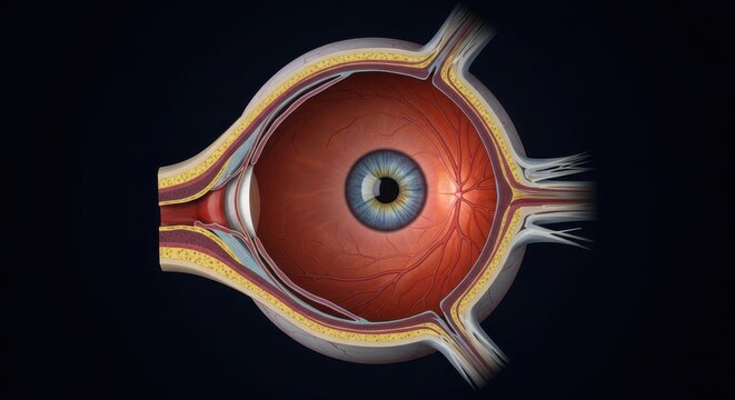 Detailed Anatomical Illustration of the Human Eye on Black Background.
