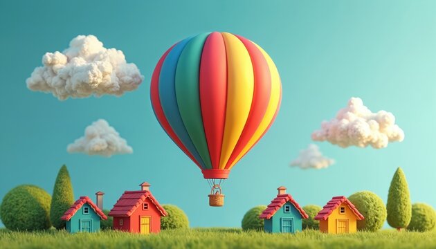 Hot air balloon floats over tiny village under blue sky with soft clouds. Colorful aerostat hovers above small toy houses and green trees in a dreamy landscape.