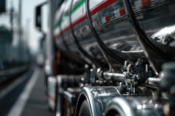 Fototapeta premium A shiny tanker truck driving on the highway, symbolizing the logistics of fuel transportation, and highlighting the importance of infrastructure in the energy sector and modern economy.