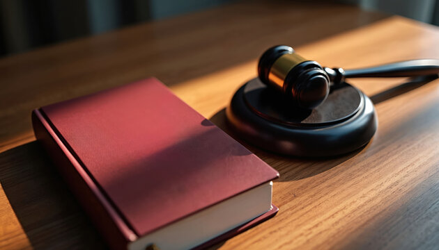 Law book and gavel rest on wooden desk. Symbolizes justice, legal process, court decisions, and law firm services. Represents legal proceedings and fairness.
