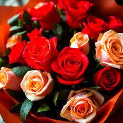 Obraz premium romantic red and pink rose bouquet close up elegant floral arrangement soft warm tones valentine gift fresh flowers photography